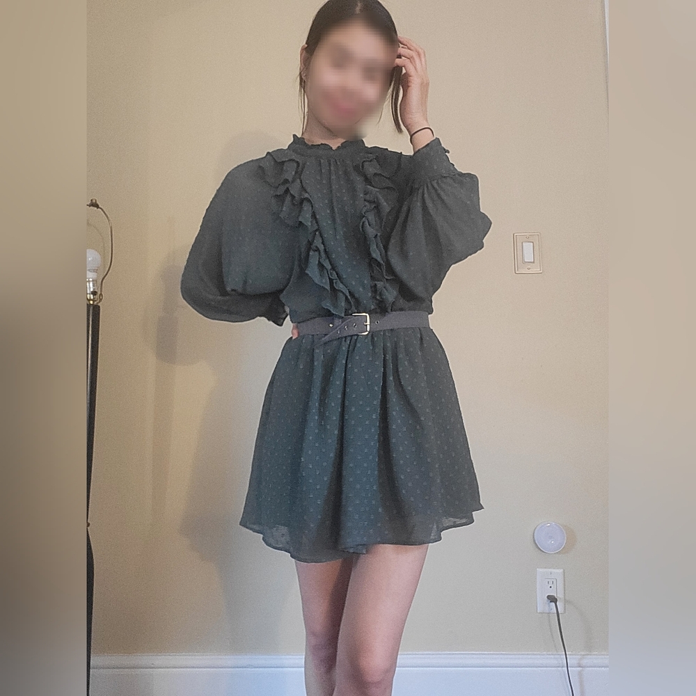 ZARA Mock Neck Dotted Ruffled Mesh Long Sleeve Romper